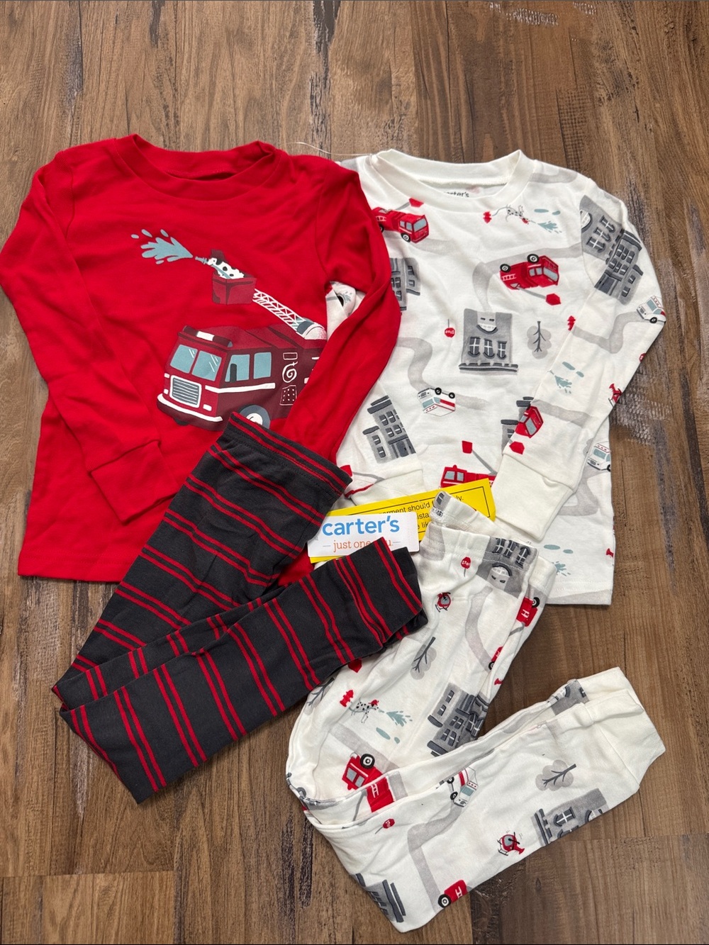 Carter's Red & White Firetruck Pajama Set with Gray/Black Stripes